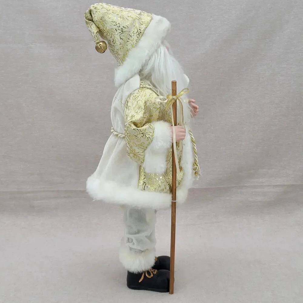 Vintage Santa Claus Figurine - White Gold With Staff, Faux Fur Trim - 18
